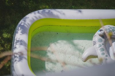 High angle view of reflection on glass table