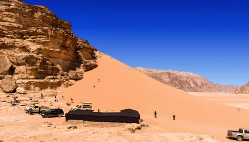 Scenic view of desert against clear blue sky