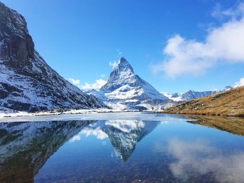 Scenic view of lake and snowcapped mountains against sky