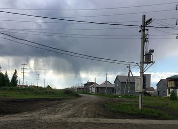 Road by buildings against sky