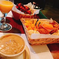 High angle view of breakfast served on table