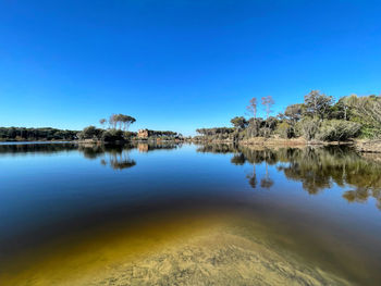 Scenic view of lake against clear blue sky