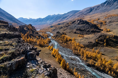 Scenic view of landscape and mountains against sky