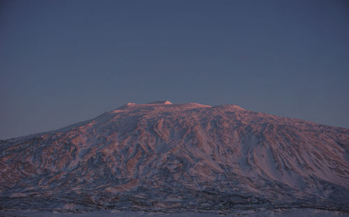 Scenic view of snowcapped mountains against clear sky