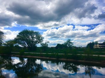 Reflection of trees in lake against sky