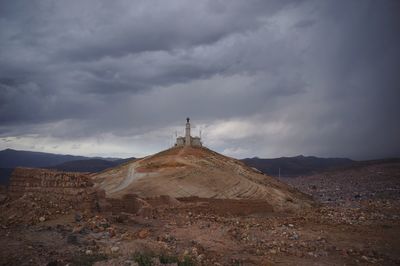 Scenic view of land and mountains against sky