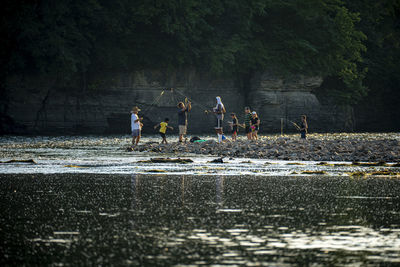 People on beach against trees in forest