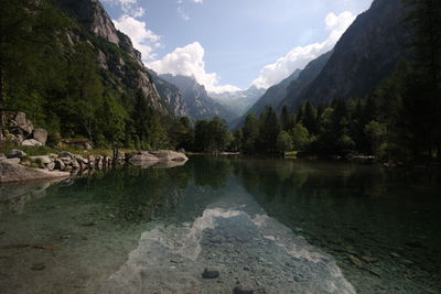 Scenic view of lake and mountains against sky