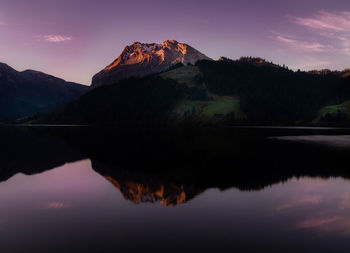 Reflection of mountain on lake against sky during sunset