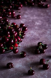 High angle view of strawberries on table