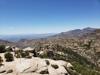 Scenic view of mountains against clear blue sky