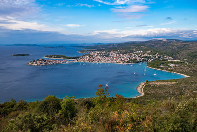 High angle view of bay against sky