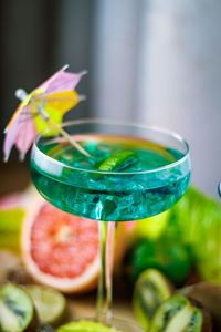 Close-up of plantalcoholic drinks in a glass on a wooden board with lemons and grapefruit, kiwi