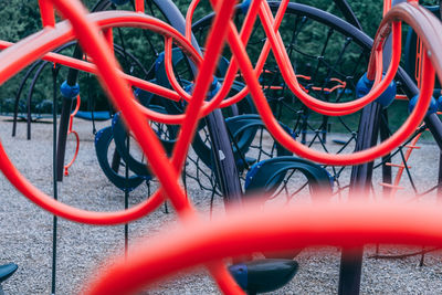 Close-up of bicycle wheel in park