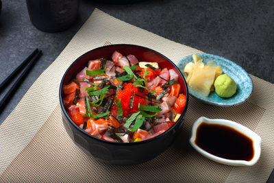 High angle view of meal served on table