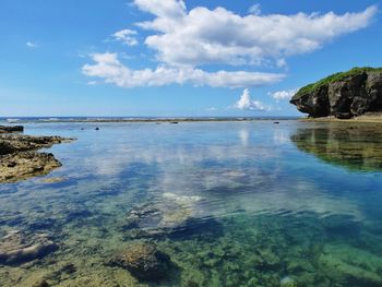 Scenic view of sea against blue sky