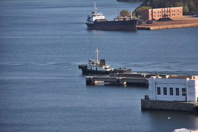 High angle view of ship sailing on sea