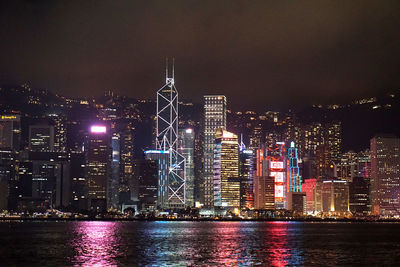 Illuminated city by river against sky at night