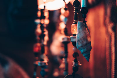 Close-up of animal shell hanging indoors