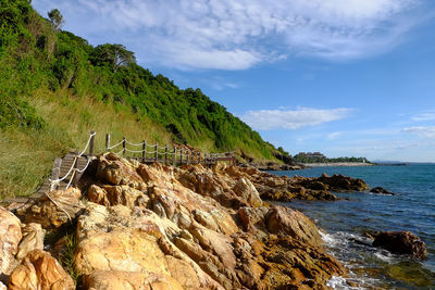 Scenic view of rocks in sea against sky