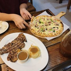 High angle view of food served on table