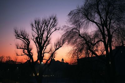 Silhouette of bare trees against sky at sunset