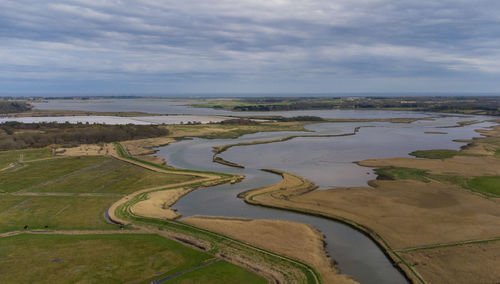 An aerial view of the river alde at snape maltings in suffolk, uk