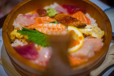 High angle view of breakfast served in plate