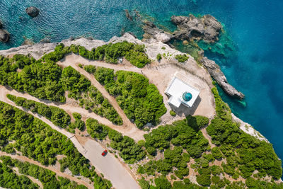 Aerial view of lighthouse in greece