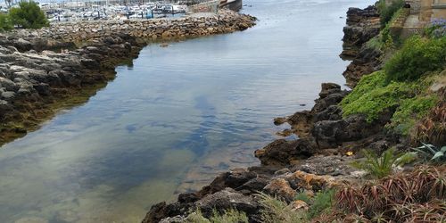 High angle view of rock formation in sea
