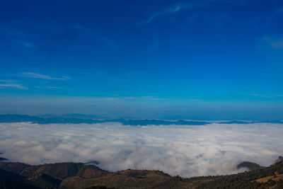 Scenic view of dramatic landscape against blue sky