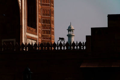 Low angle view of historic building with silhouette of monkey