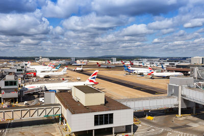 High angle view of airport by sea against sky