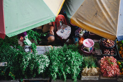 High angle view of vegetables for sale in market