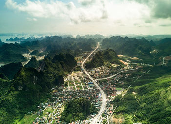 High angle view of mountain landscape against sky