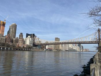 Bridge over river with buildings in background