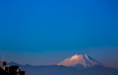 Scenic view of mountains against clear blue sky