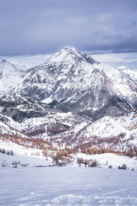Scenic view of snowcapped mountains against sky