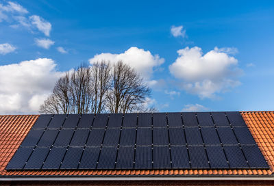 Solar panels on roof and blue sky