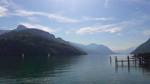 Scenic view of lake by mountains against sky