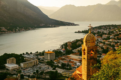 Aerial view of kotor town on sunset. summer time vacation