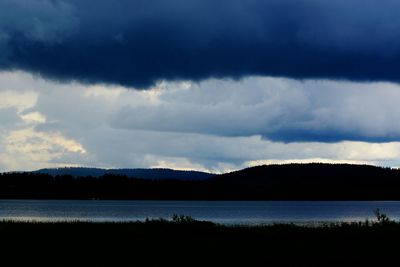 Scenic view of lake against cloudy sky