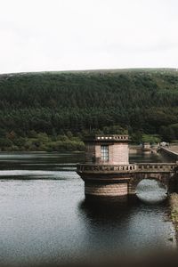 Built structure by lake against clear sky