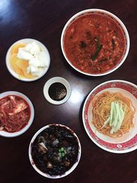 High angle view of meal served on table