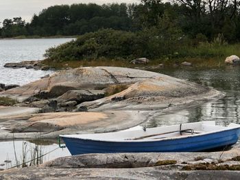 Sailboats moored on lake against trees