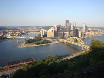 Bridge over river amidst buildings in city against sky