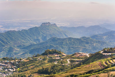 High angle view of mountains against sky