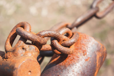 Old rusty chain on the field on ground background