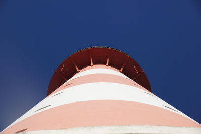 Low angle view of lighthouse against clear blue sky