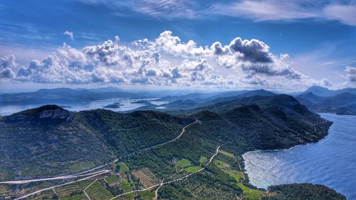 High angle view of land against sky